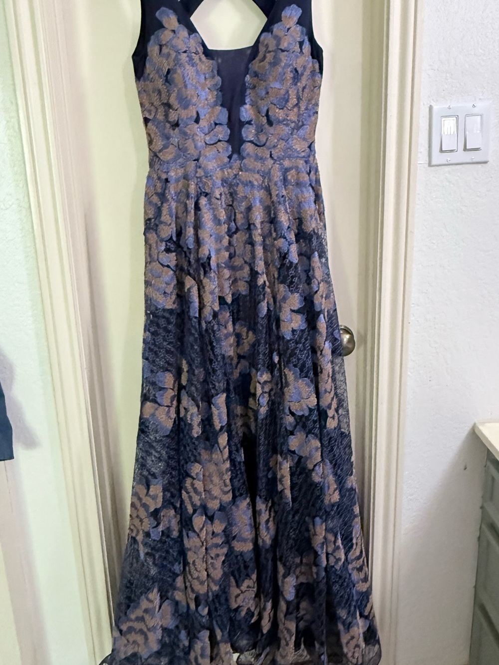 ellie wilde Navy and Beige Floral Lace Evening Gown